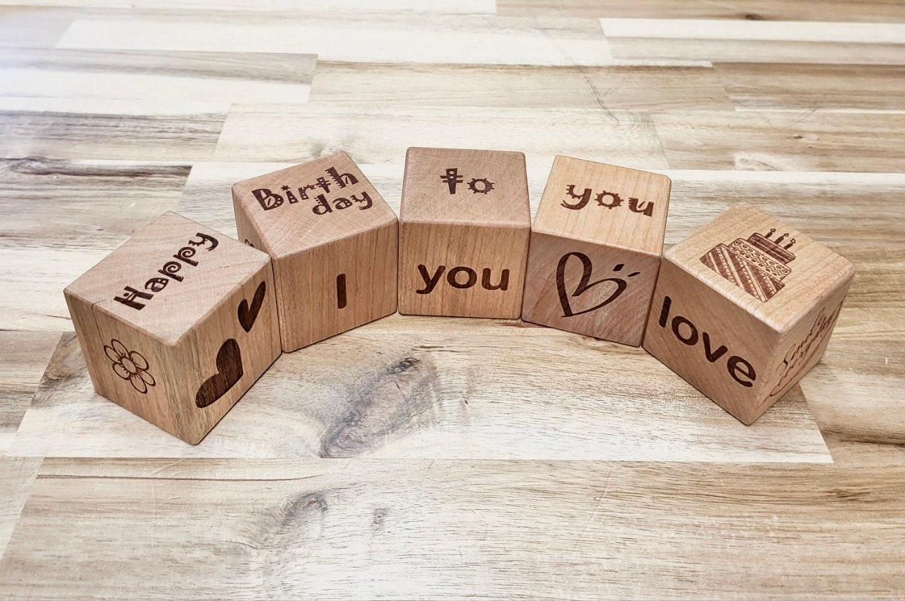 Personalized Block Laser Engraved Block Wooden Finished Solid Wood Block - A set of 5 blocks - 5 Sides Laser - Handmade in USA