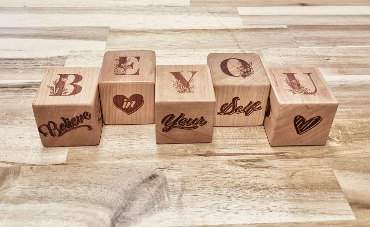 Personalized Block Laser Engraved Block Wooden Finished Solid Wood Block - A set of 5 blocks - 5 Sides Laser - Handmade in USA