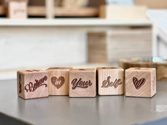 Personalized Block Laser Engraved Block Wooden Finished Solid Wood Block - A set of 5 blocks - 5 Sides Laser - Handmade in USA