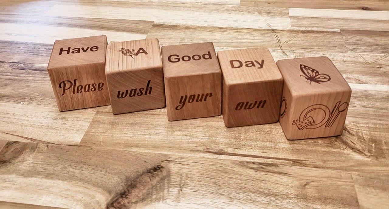 Personalized Block Laser Engraved Block Wooden Finished Solid Wood Block - A set of 5 blocks - 5 Sides Laser - Handmade in USA