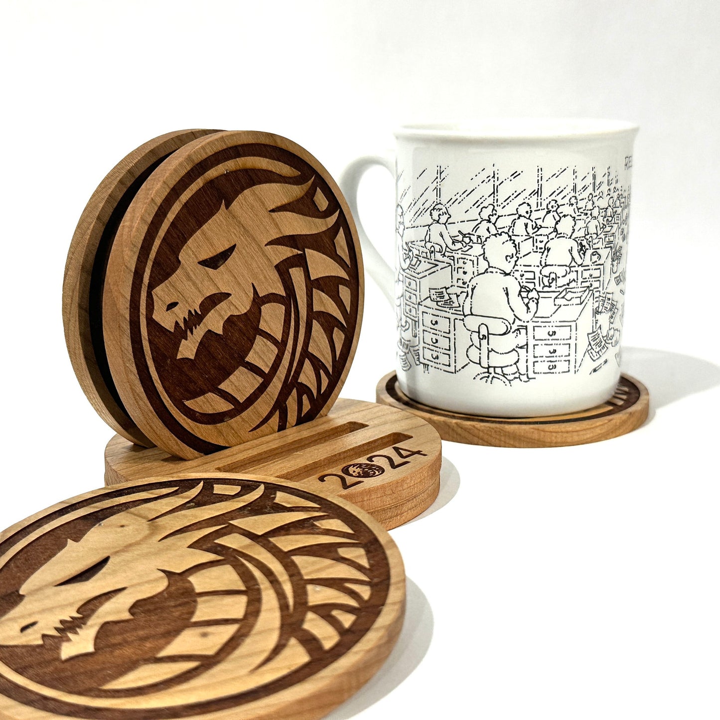 Set of 6 Dragon Coasters Set Circle Unique Gifts Wood Drink Coasters Housewarming Gift Gift Cup Drink Holder Table Top Protection Home Decor