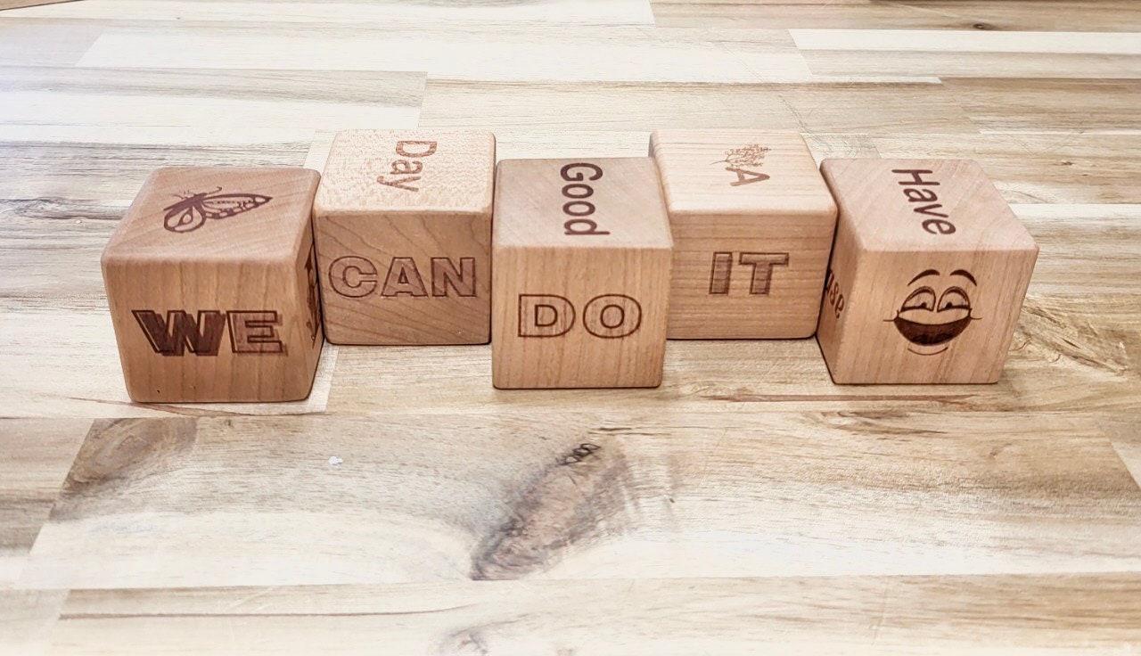 Personalized Block Laser Engraved Block Wooden Finished Solid Wood Block - A set of 5 blocks - 5 Sides Laser - Handmade in USA